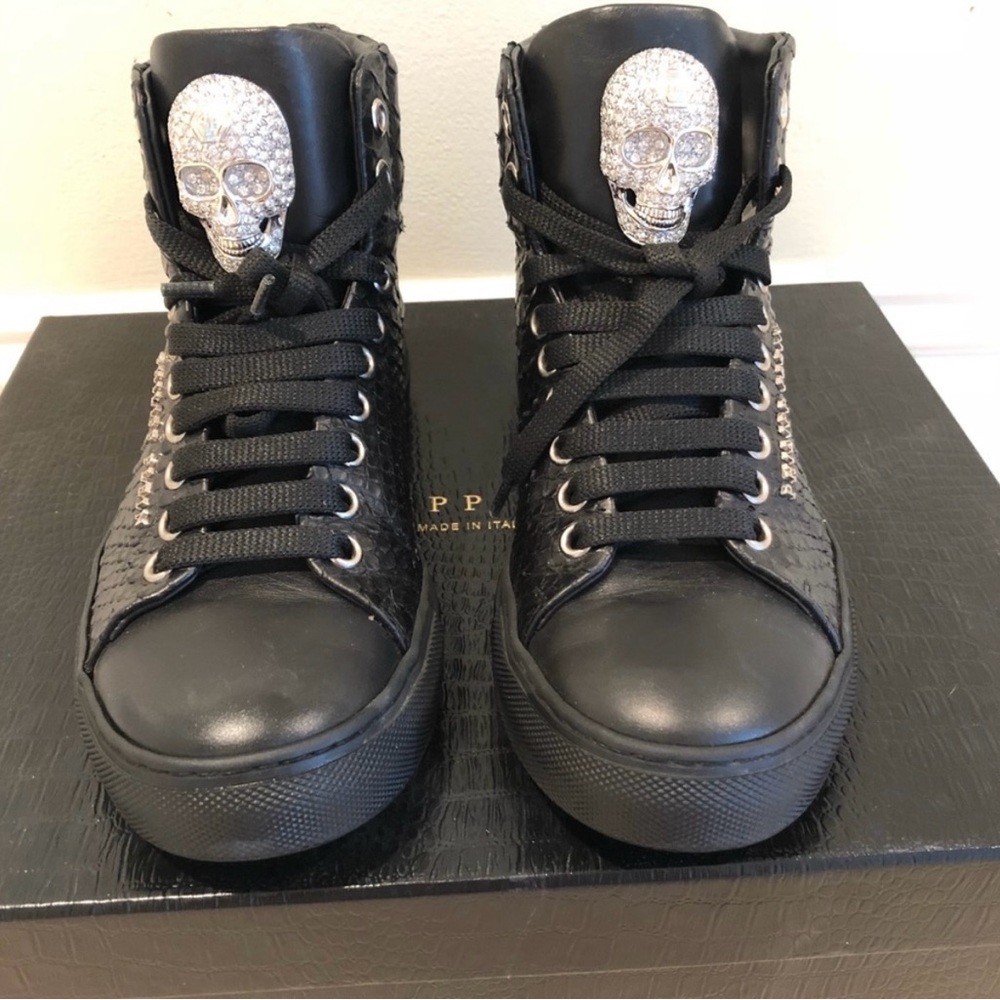 Philipp Plein Black High-Top Sneakers with Skull Detail